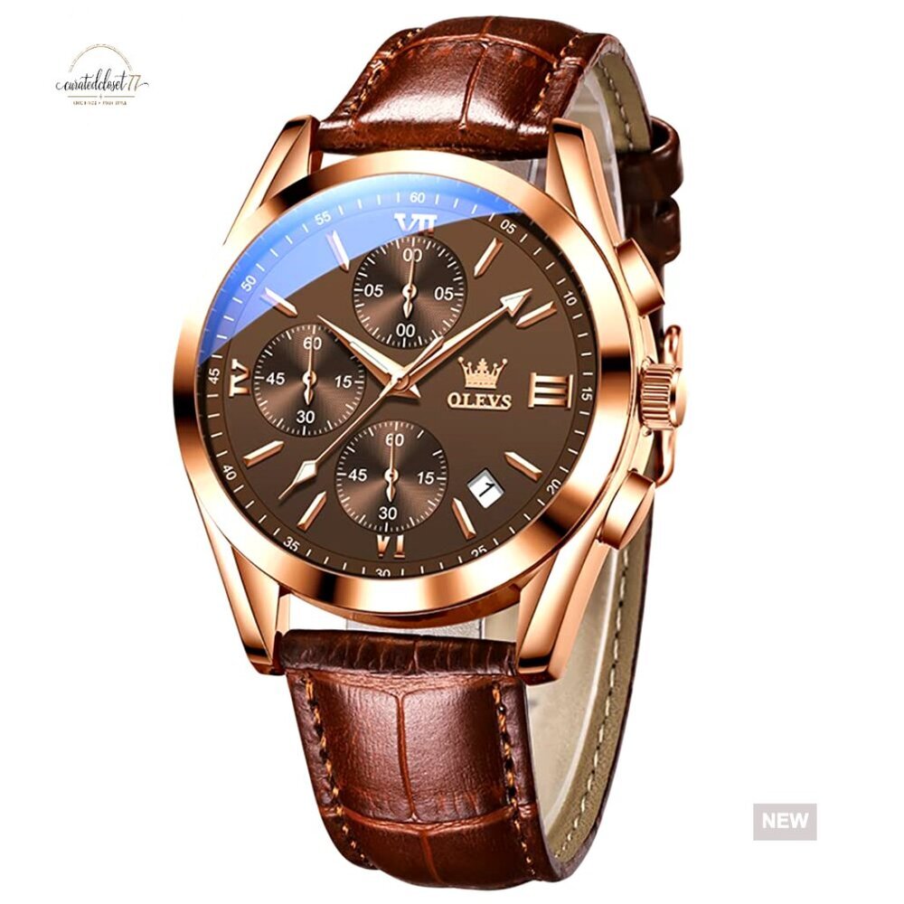 Men's Casual Leather Chronograph Watch Gold Tone Big Face Analog Dress